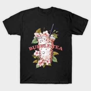 BUBBLE TEA - boba tea - flowers and green leafs T-Shirt